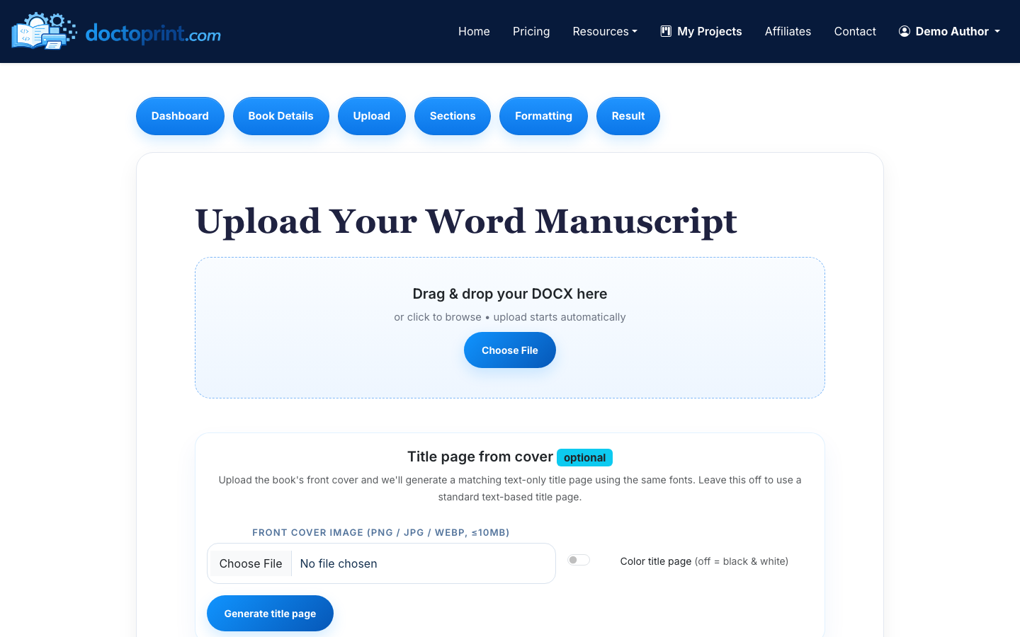 DocToPrint formatted book preview screen